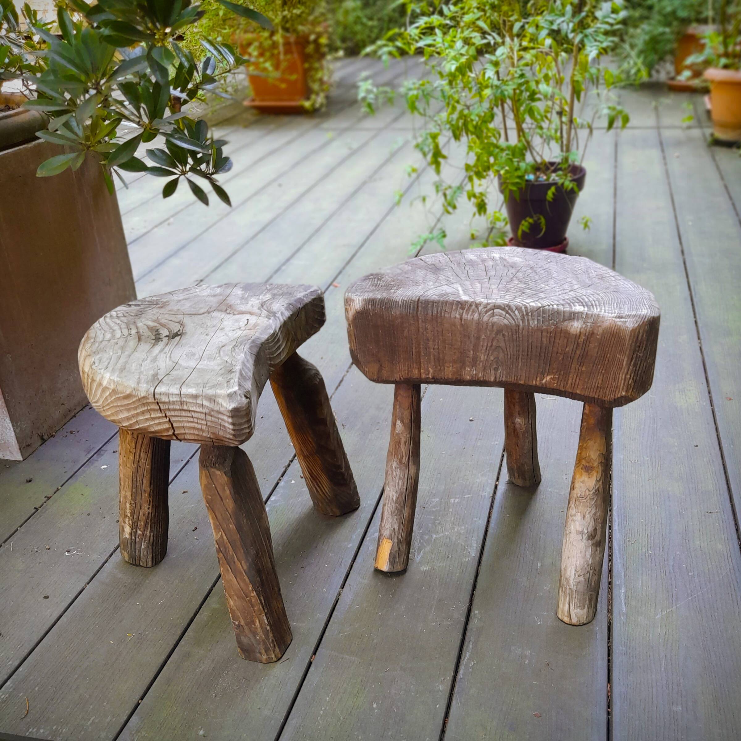Pair of brutalist tripod stools in grayed pine. France, 1950s