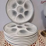 8 white/grey-blue shell/oyster plates, Moulin des Loups Orchies, France