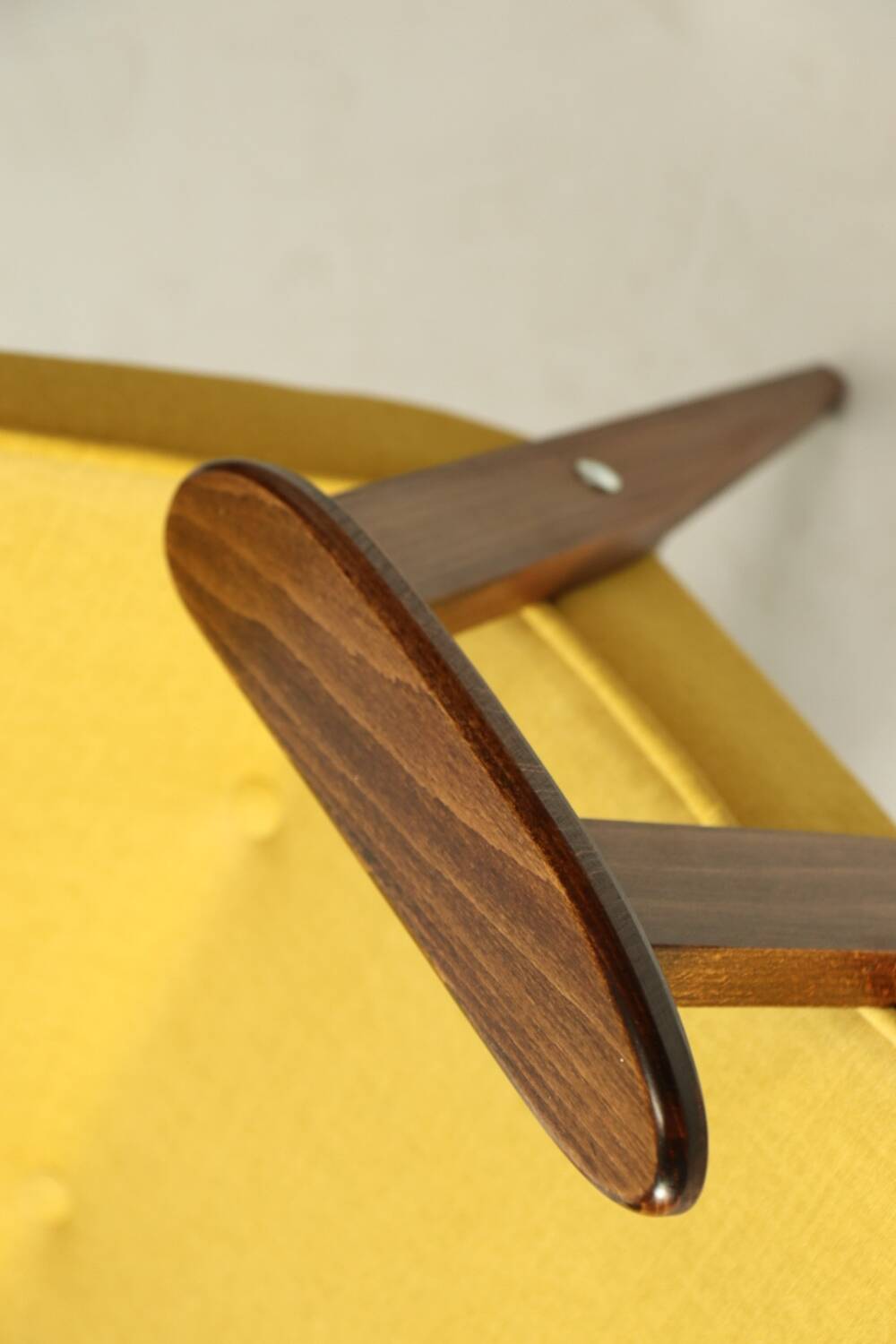 Vintage armchair plush yellow velvet soft dark wood 1962 design by Chierowski