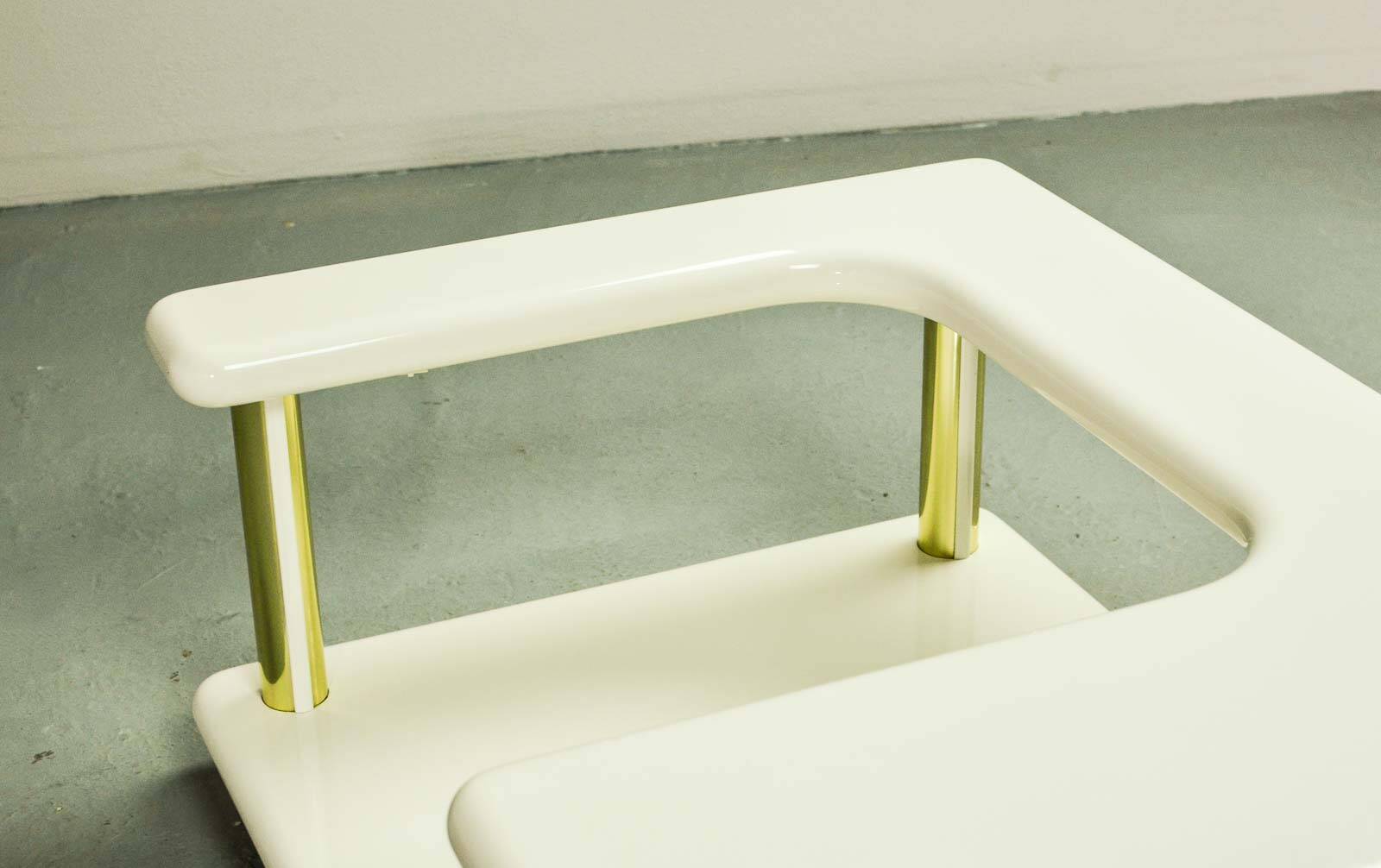 White High Gloss Free Form Italian Design Coffee Table w. Brass Accents 70s