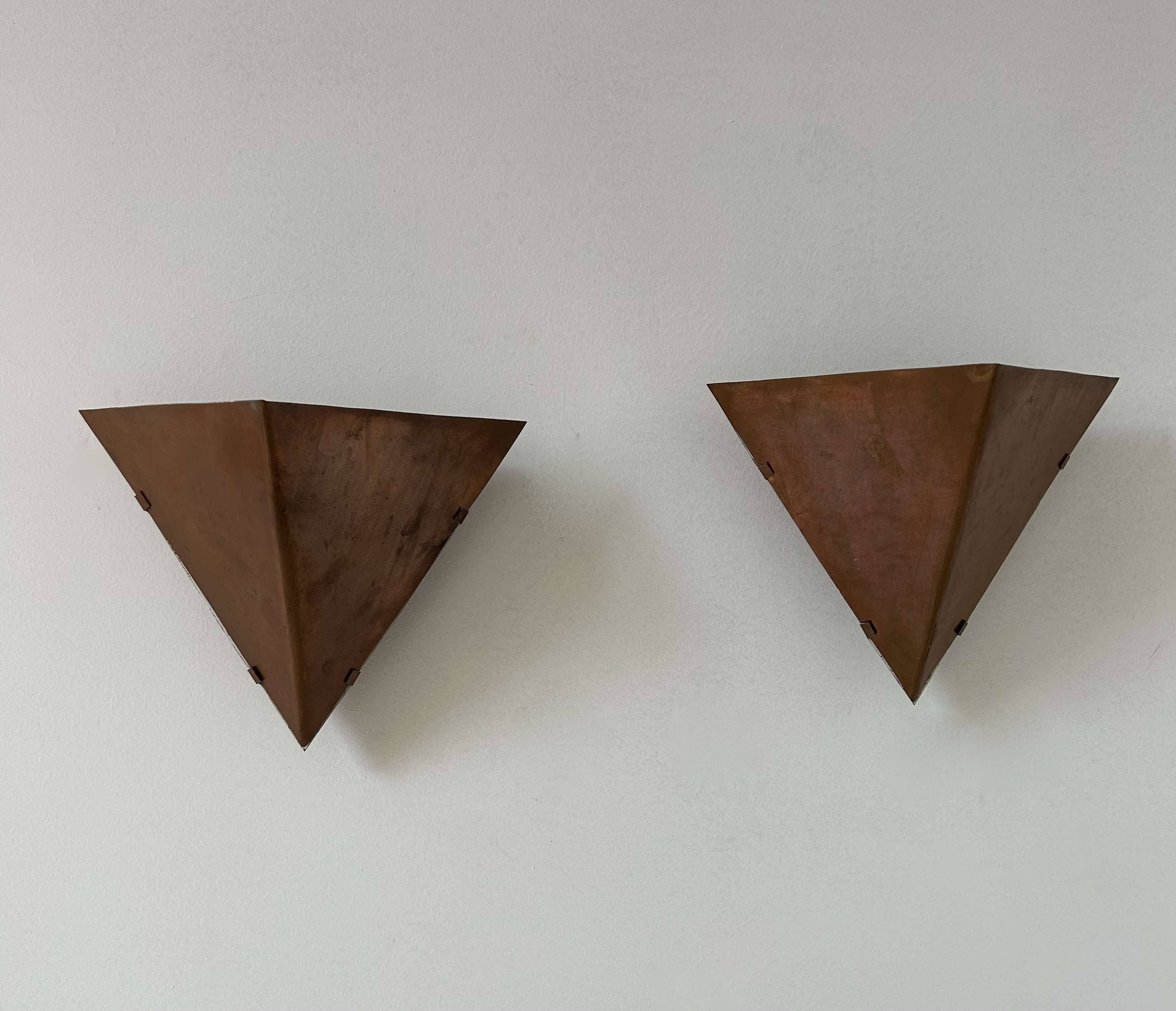 Pair of vintage geometric wall lights, patinated copper, France 1960