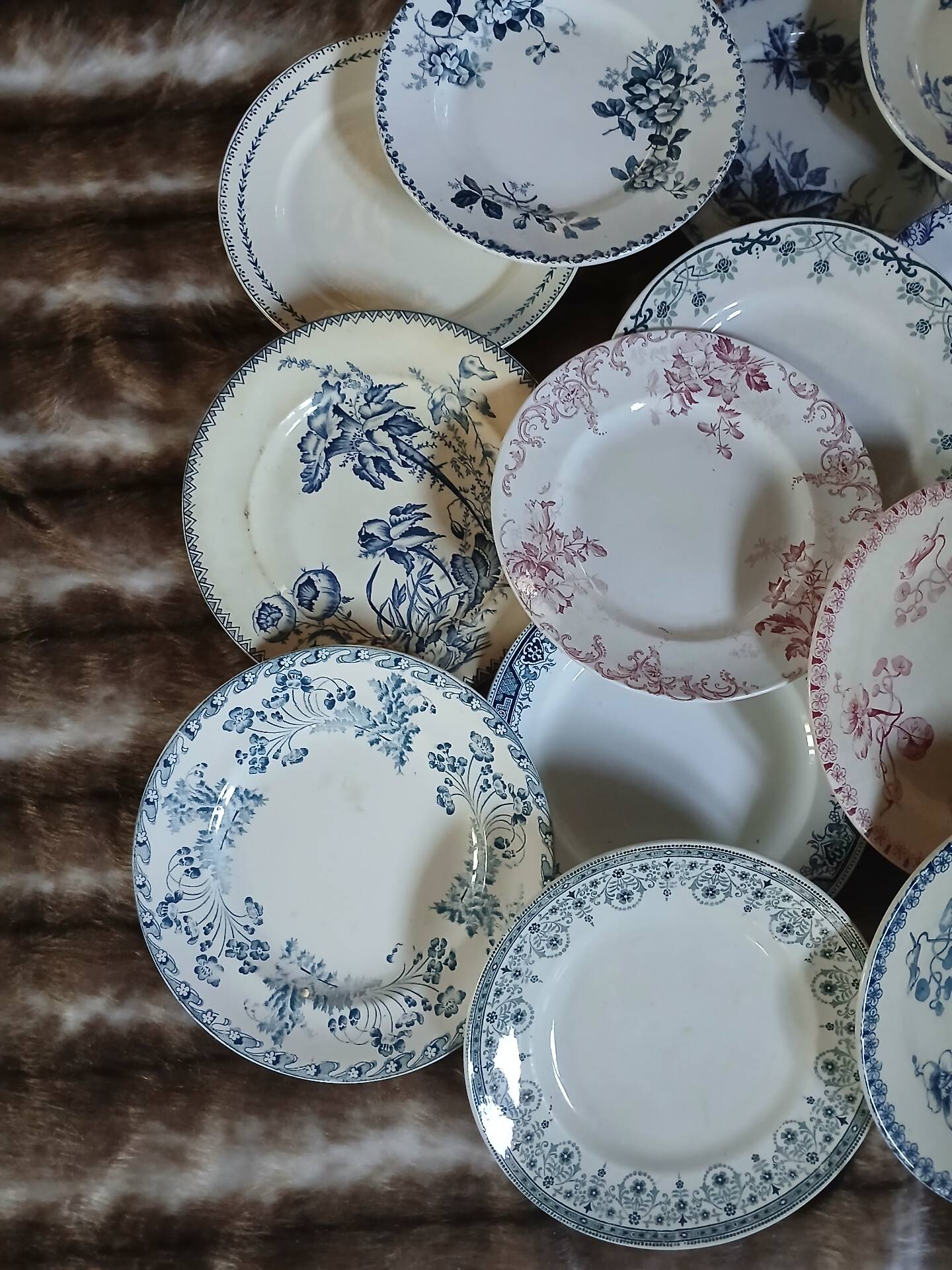 20 mismatched antique flat plates in ironstone