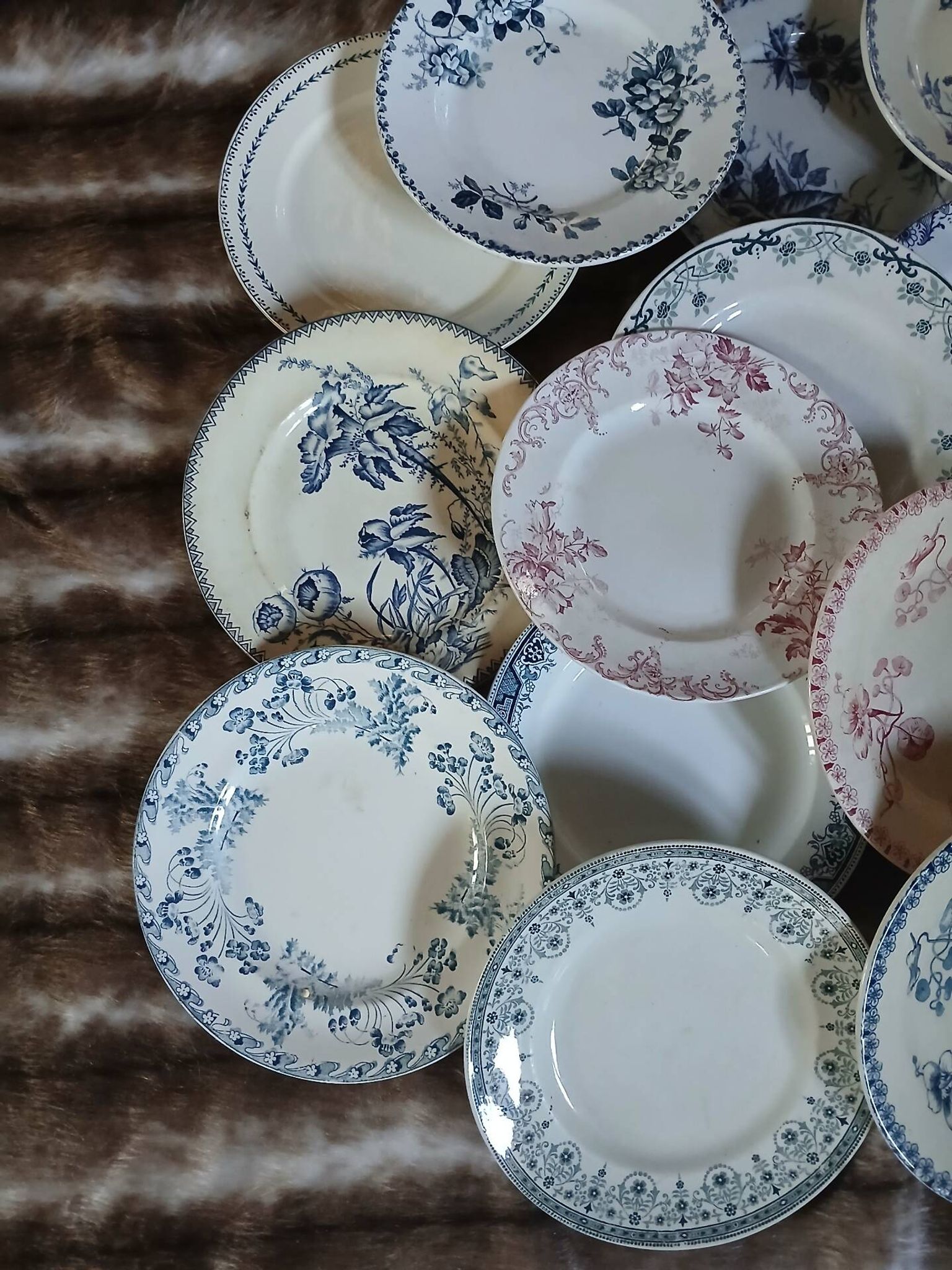 20 mismatched antique flat plates in ironstone