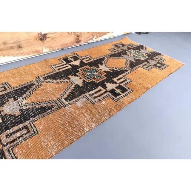 Vintage natural Turkish hand-knotted runner orange rug 80x348
