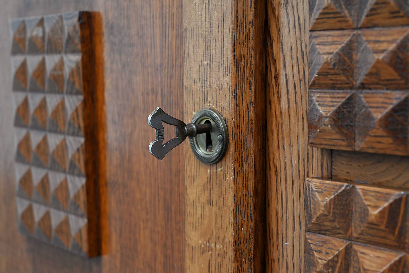 Oak Sculpted Art Deco Cabinet by Charles Dudouyt France, 1930s