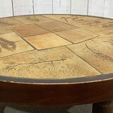 Beech coffee table with a ceramic top featuring a herbarium design.