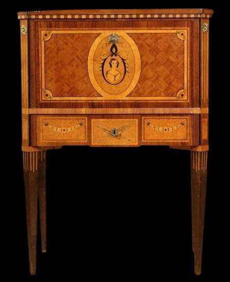 Secrétaire cabinet bargueno style Louis XVI en marqueterie de bois précieux