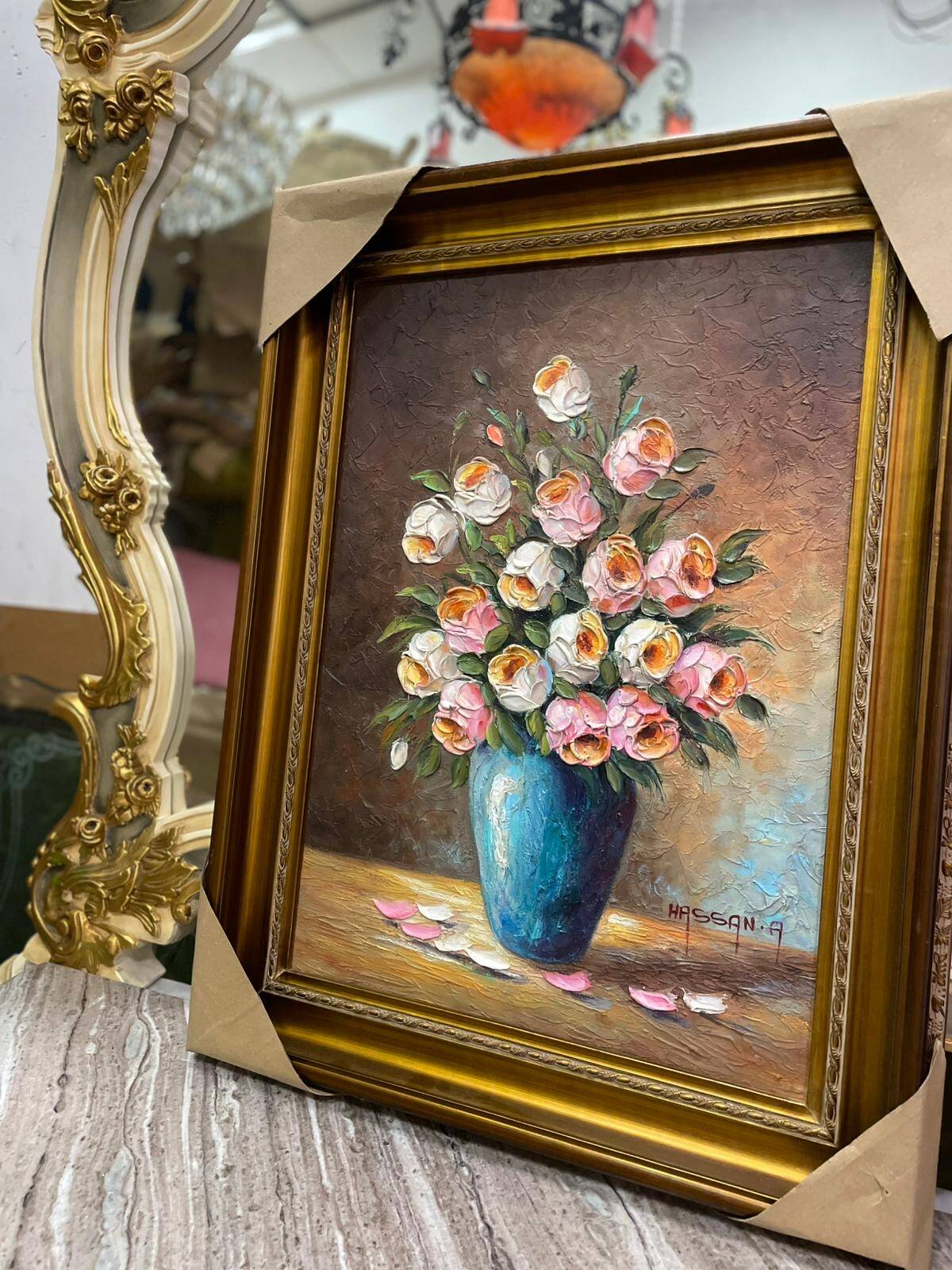 Pink and white flower pot painting
