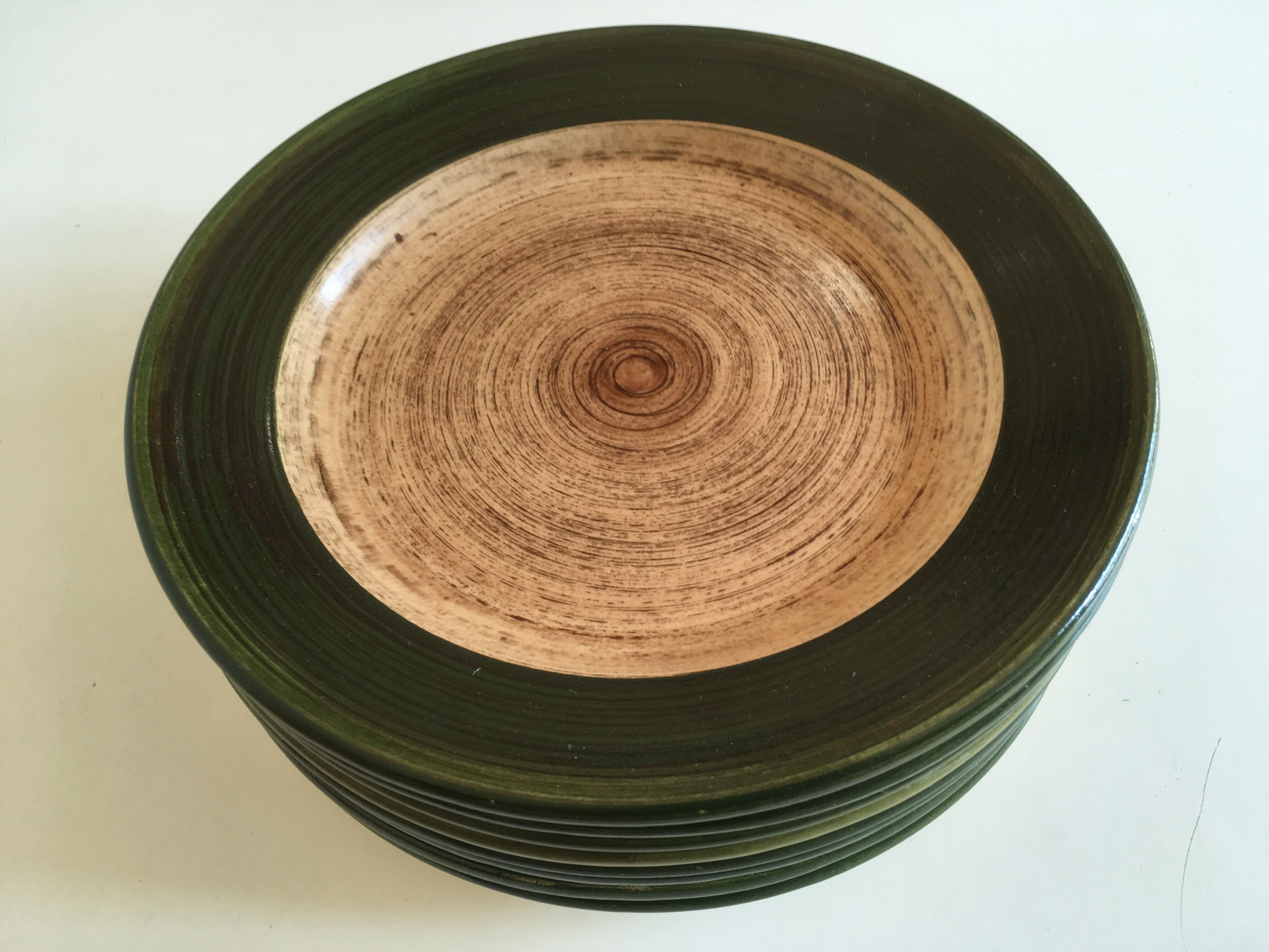 Set de 8 assiettes plates en grès 1970 St Clément bois de rondin de ferme
