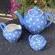 Lavender blue earthenware tea service with white polka dots from Digoin Sarreguemines.
