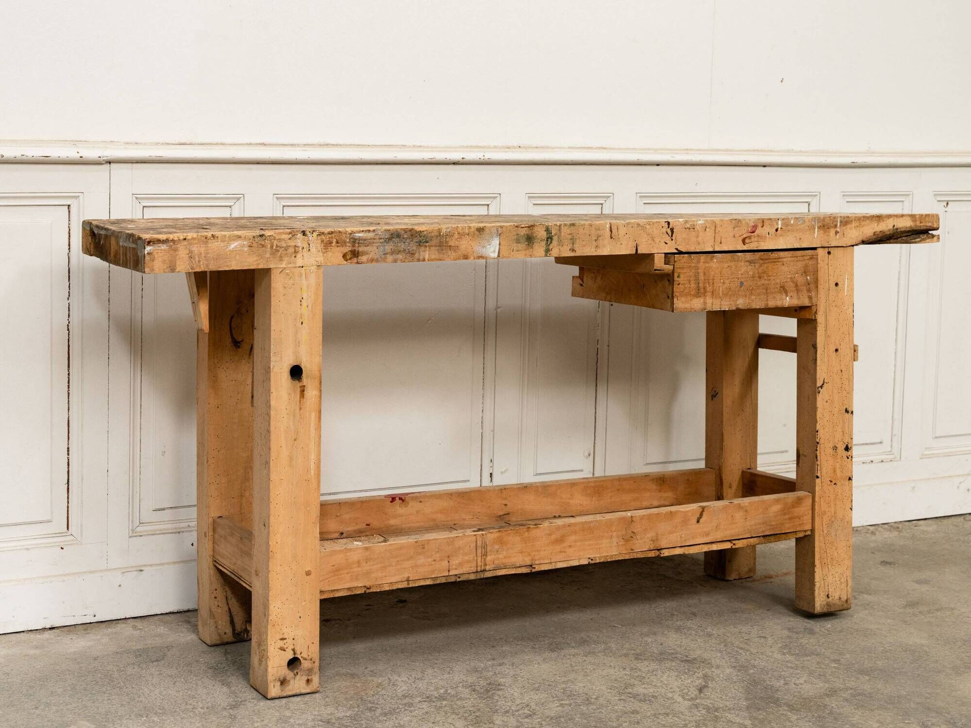 Old small workbench with drawer, beautiful original patina, 1920.