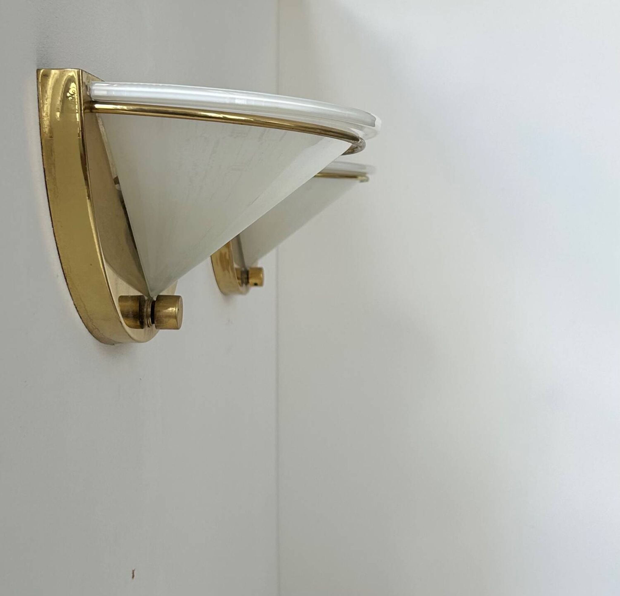 Pair of vintage wall lights, brass and opaline glass, Italy 1970