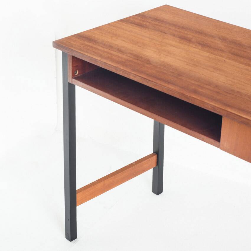 Vintage one-drawer desk. Mahogany veneer and solid beech. France, 1960s