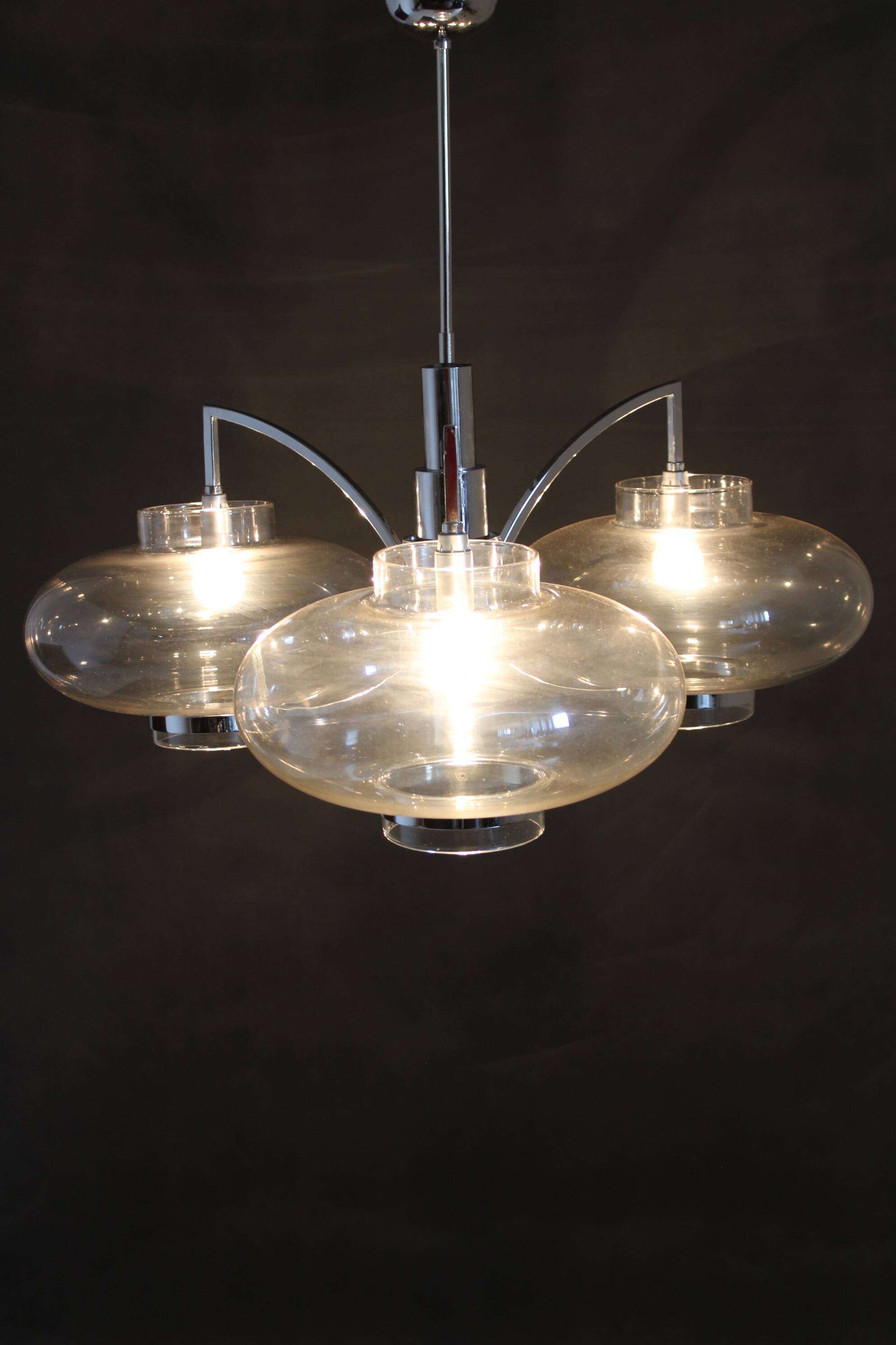 1970s Italian Chrome Plated and Glass Chandelier