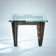 2 brutalist steel side tables with primitive  scene motifs etched glass