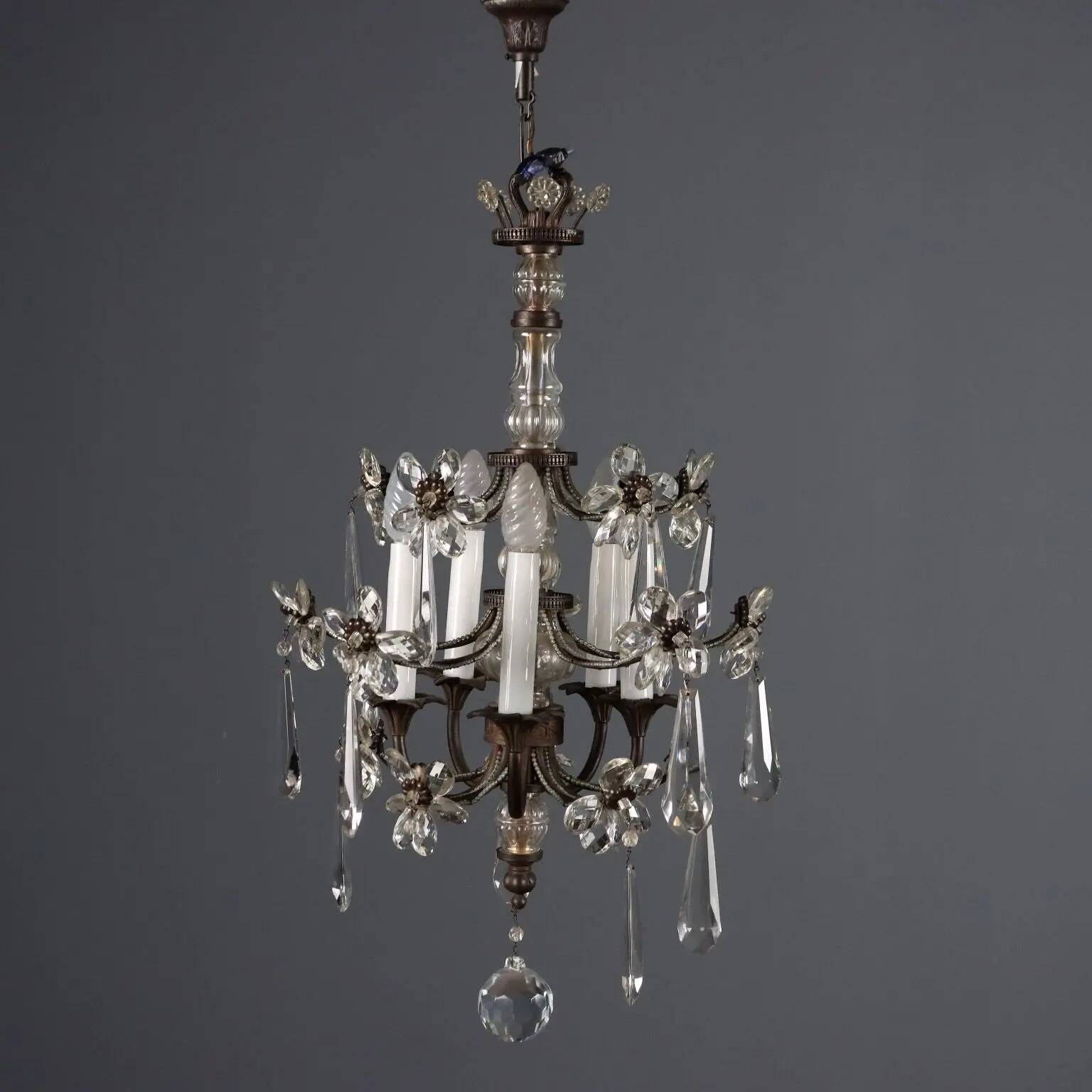 Antique metal and glass chandelier with 5 lights, Italy, 19th century.