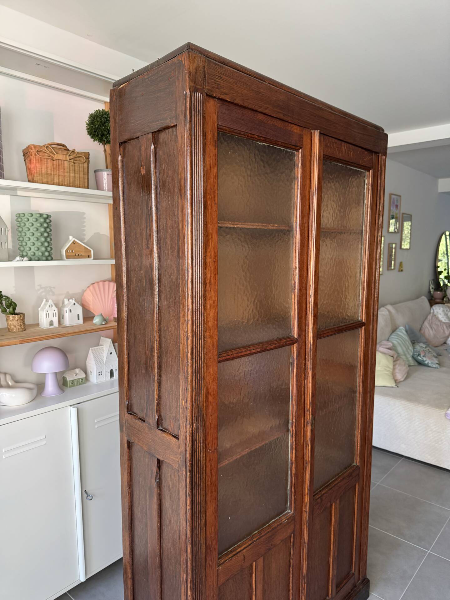 Old glass cabinet, vintage bookshelf, display case, cabinet, pharmacy.