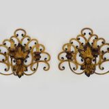 Large pair of Italian wall sconces in gilded wrought iron, 3 lights. 50