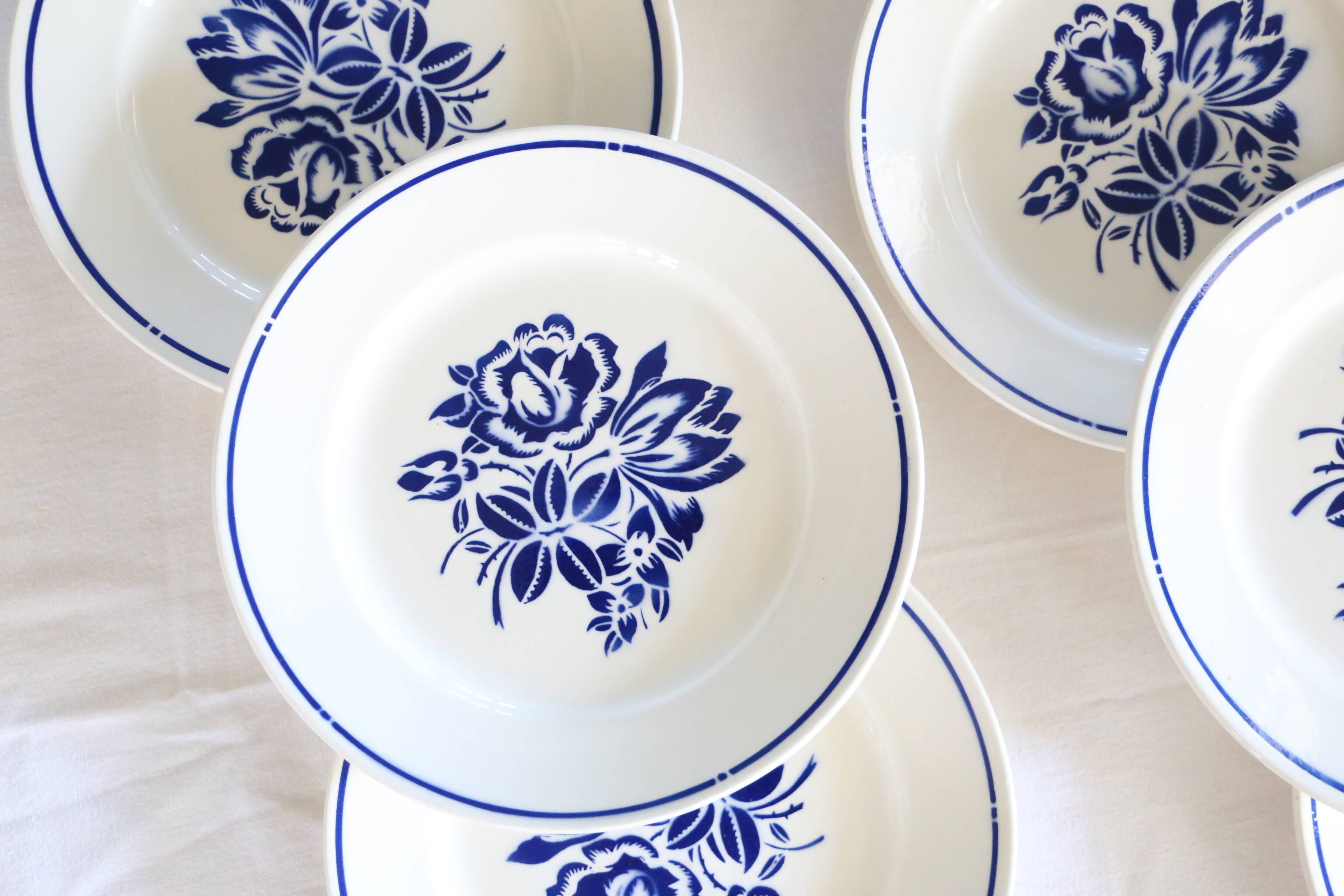 Set of 6 Badonviller flat plates, vintage French, authentic, rare, countryside