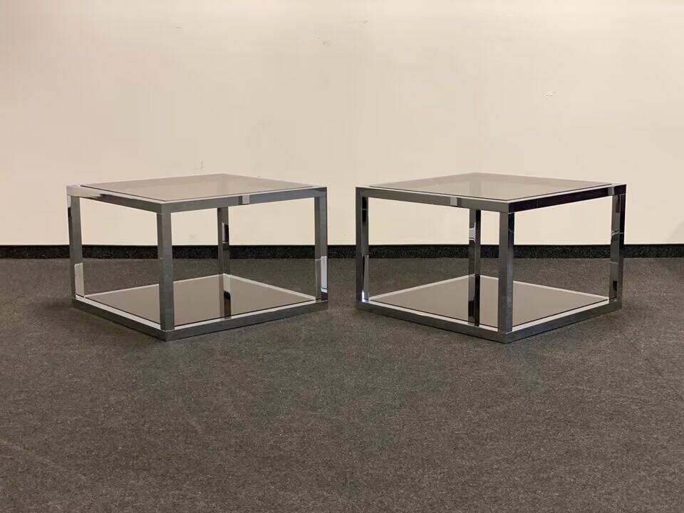 Italian Side Tables - Mid-Century Chrome/Smoked Glass, 1970s