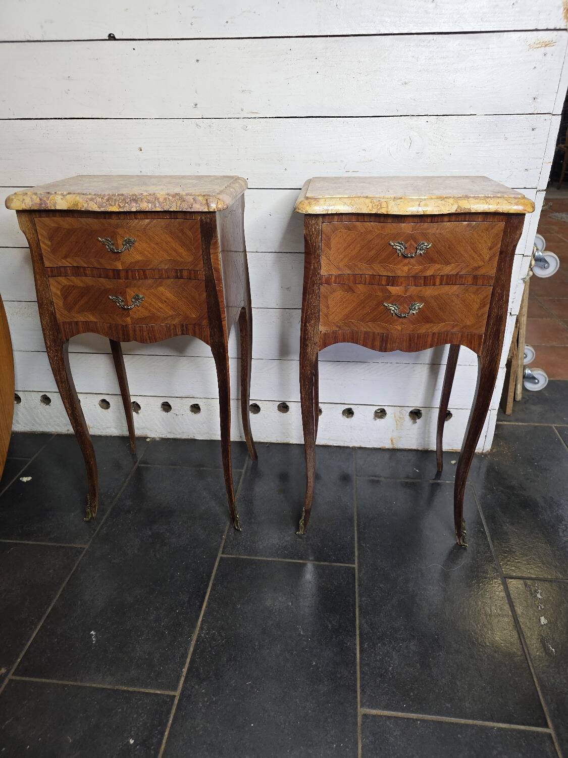 Pair of Louis XV style curved bedside tables in marquetry