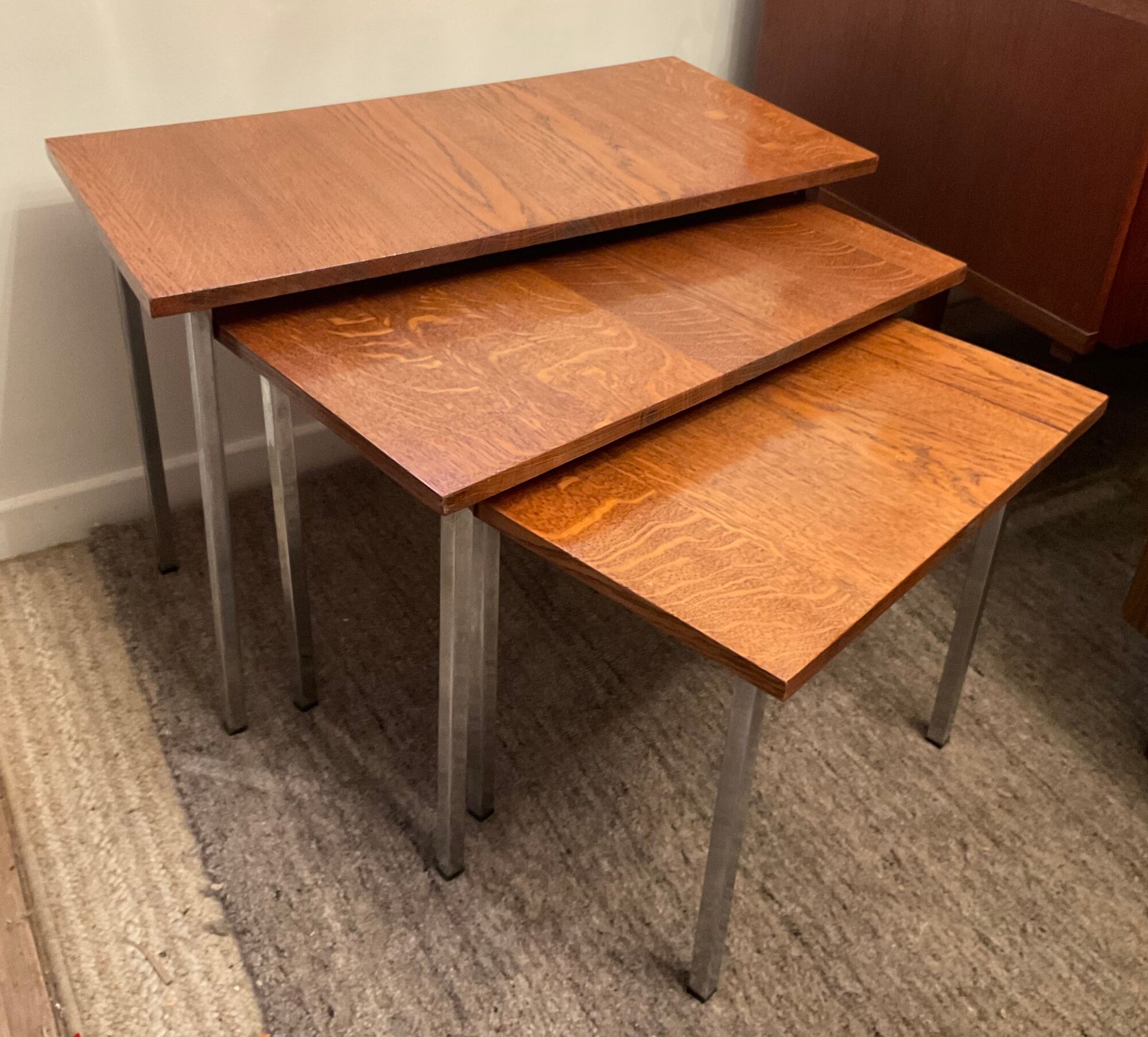 Series of 3 nesting tables from the 70s in wood and chromed metal