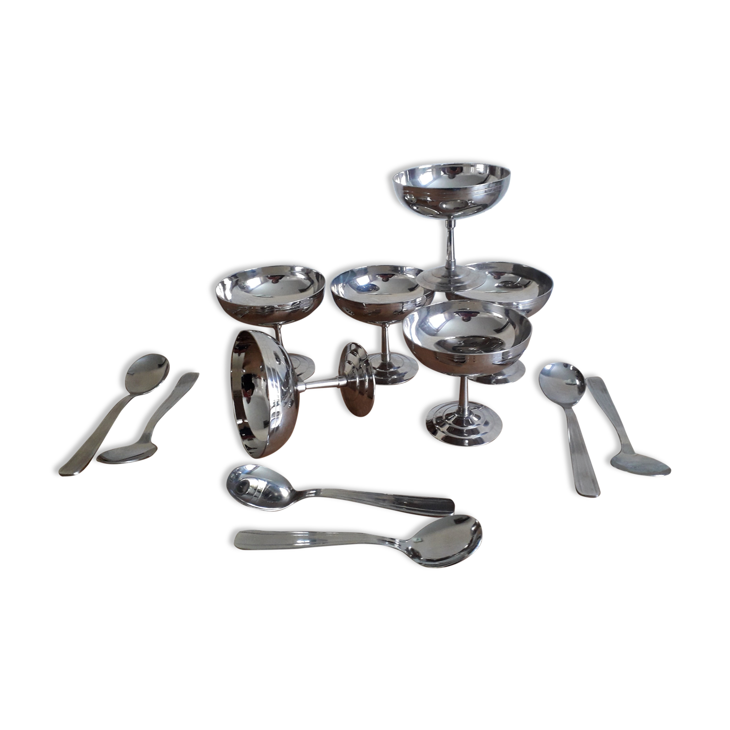 Set of 6 ice cream cups with spoons LETANG REMY 70s