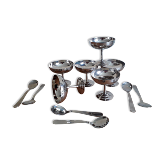Set of 6 ice cream cups with spoons LETANG REMY 70s