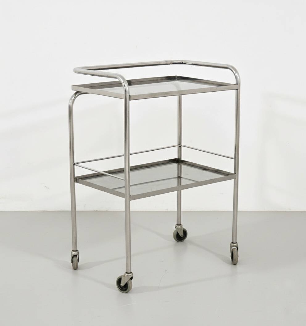 1970s chrome metal and smoked glass wheeled dessert trolley