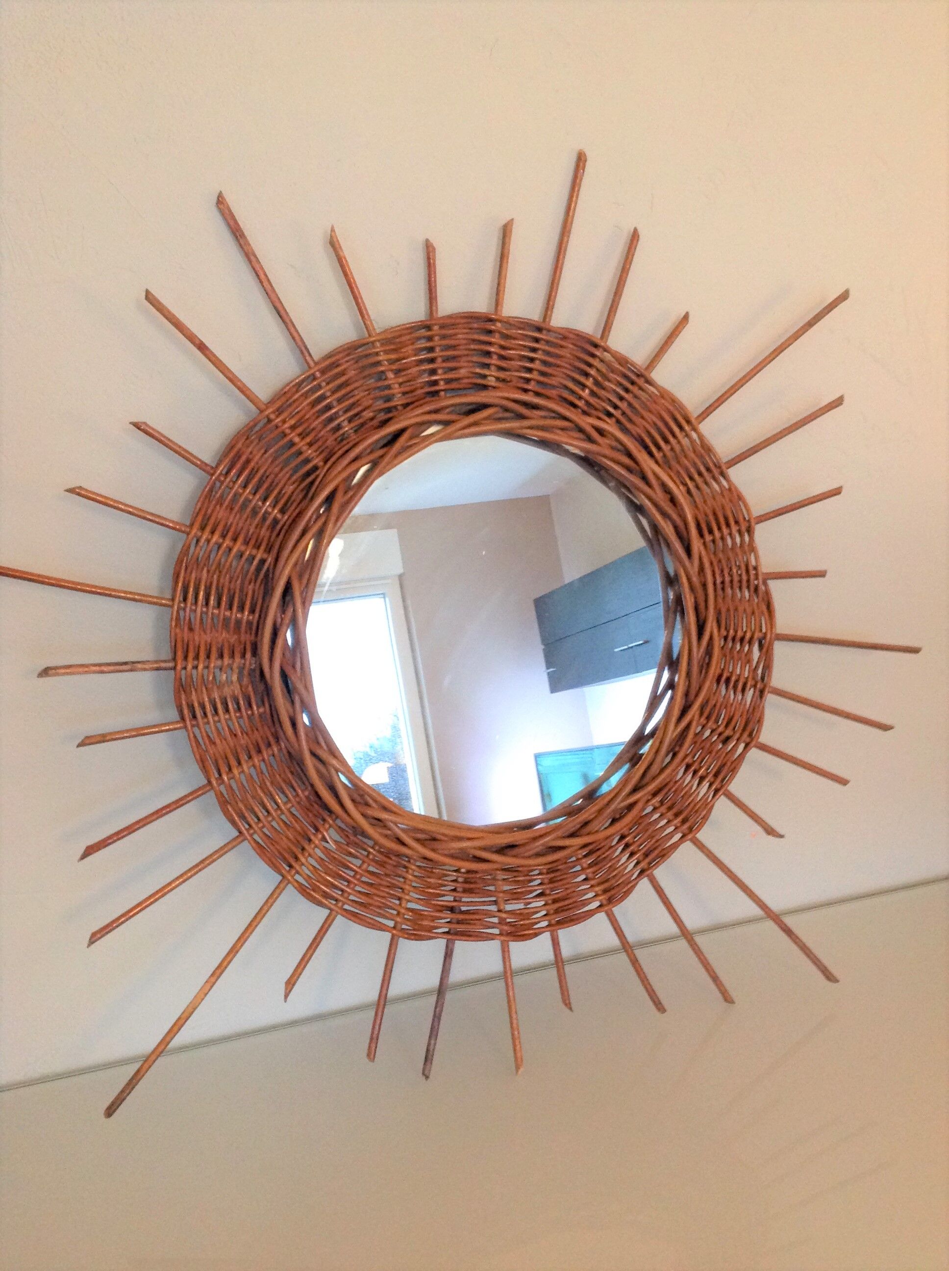 Wicker sun mirror 36 cm/ vintage 60s-70s