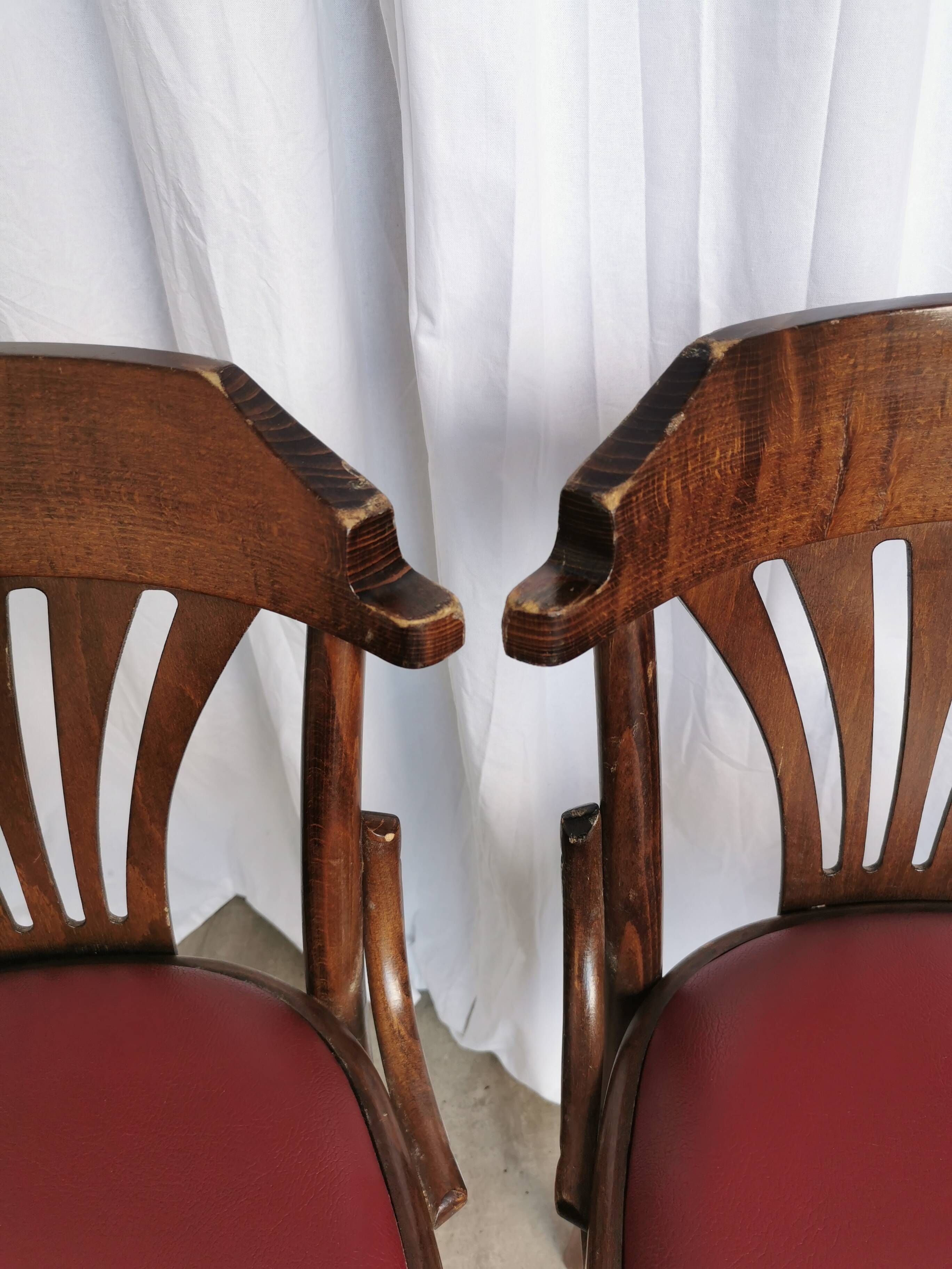 Vintage Bentwood Dining Chairs - Thonet Style - Red Faux Leather - Set of 4