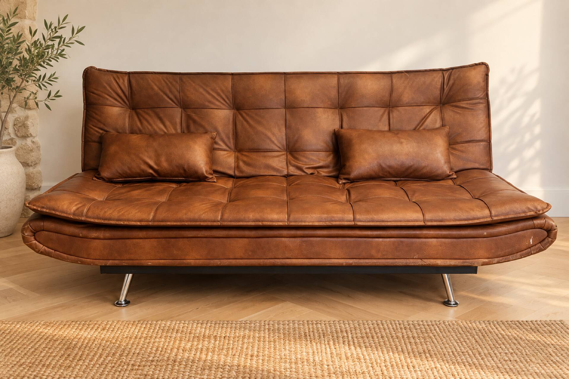 Brown cognac tufted convertible sofa – vintage spirit