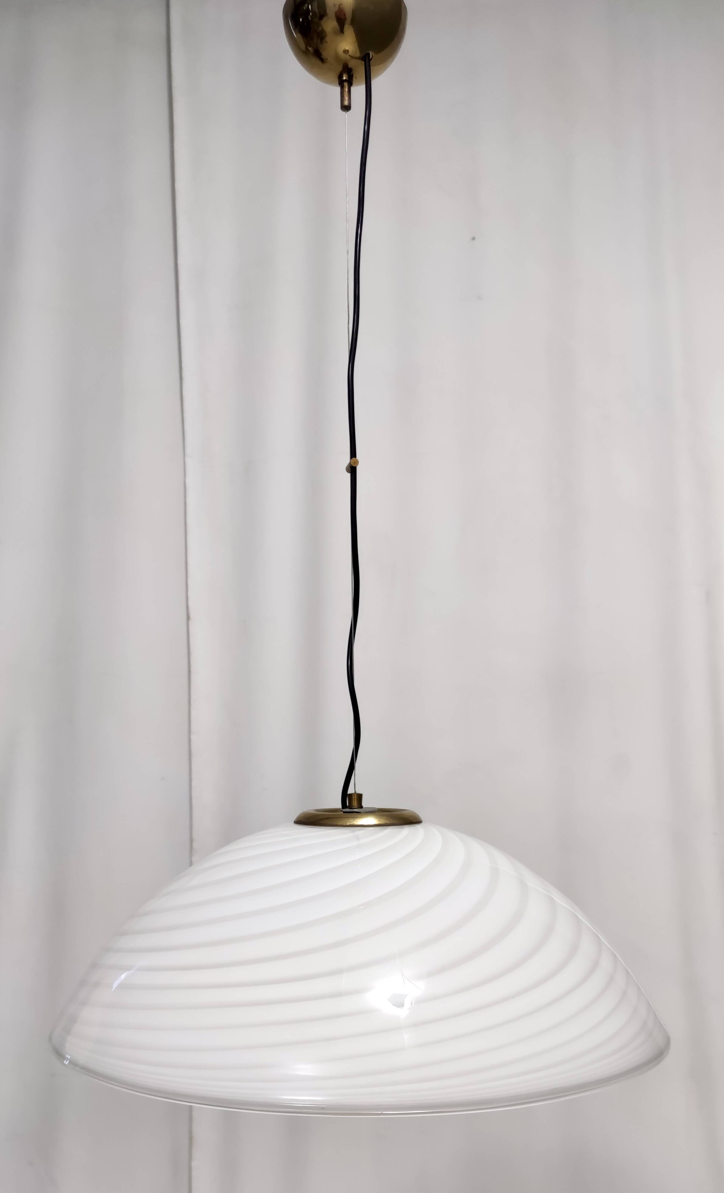 Adjustable White Murano Glass and Brushed Brass Pendant by VeArt