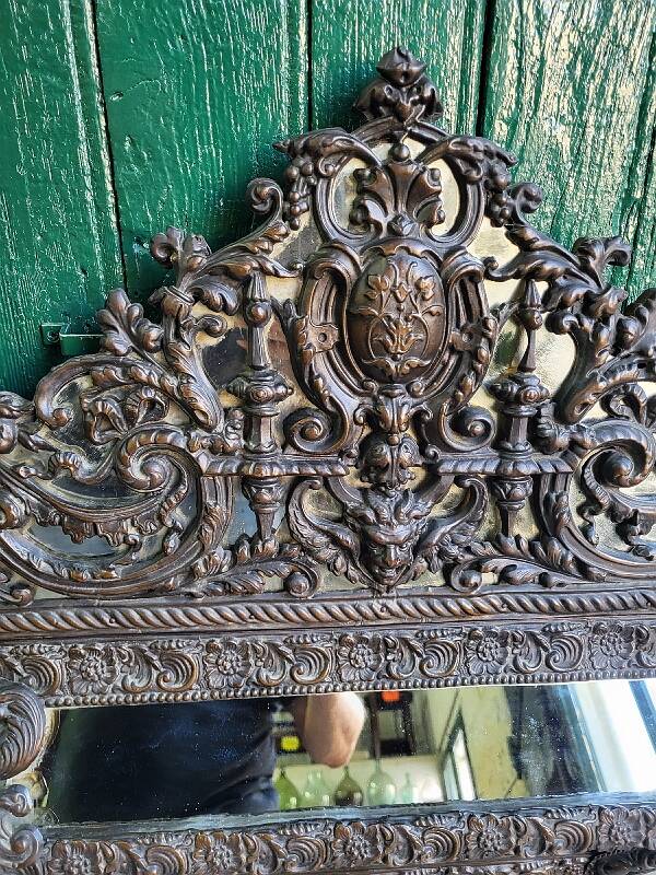 Louis xvi style repousse brass mirror with glass beads