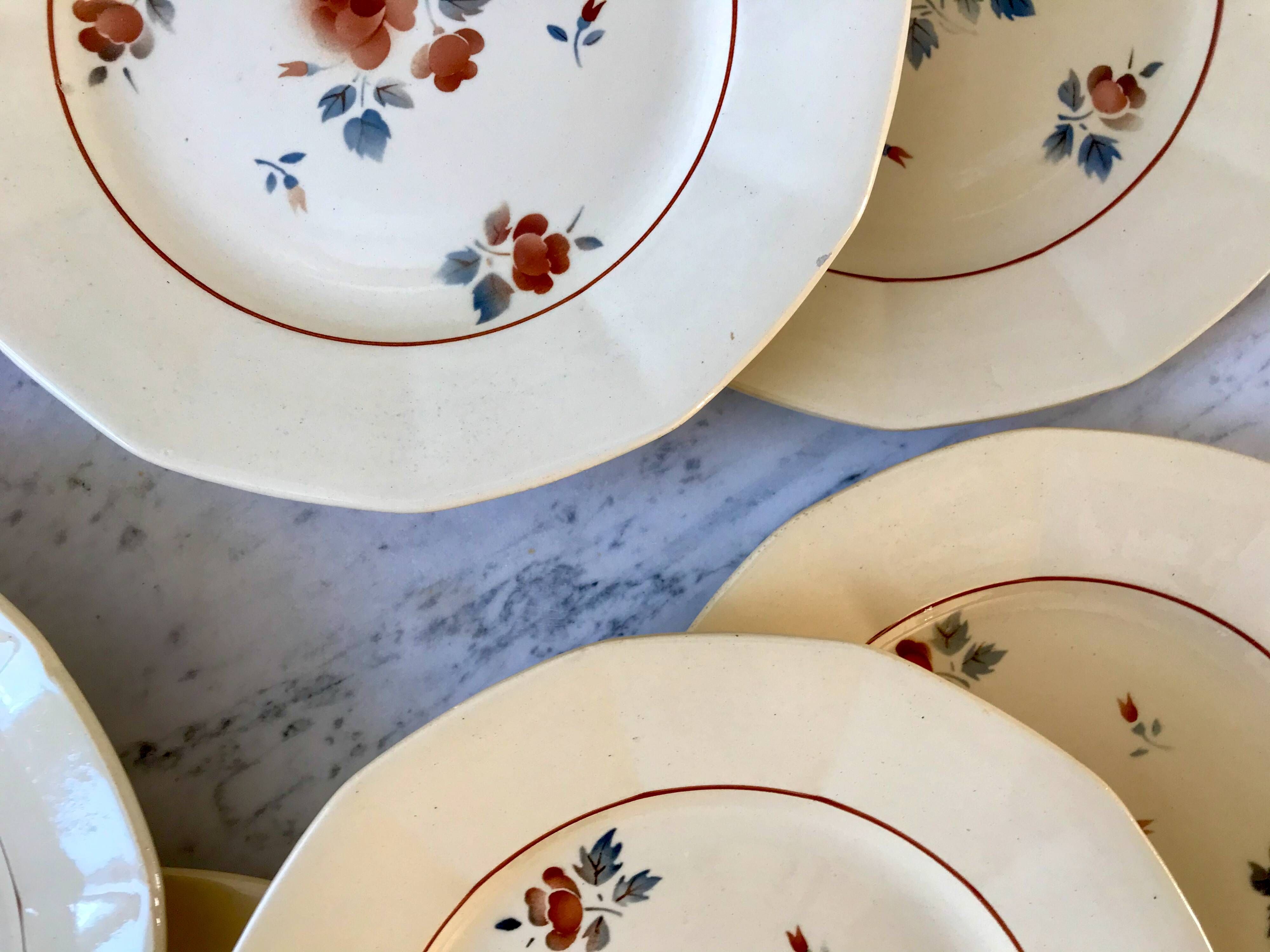 set of 9 Digoin Sarreguemines beige flat plates with pink flowers 1930s-40s