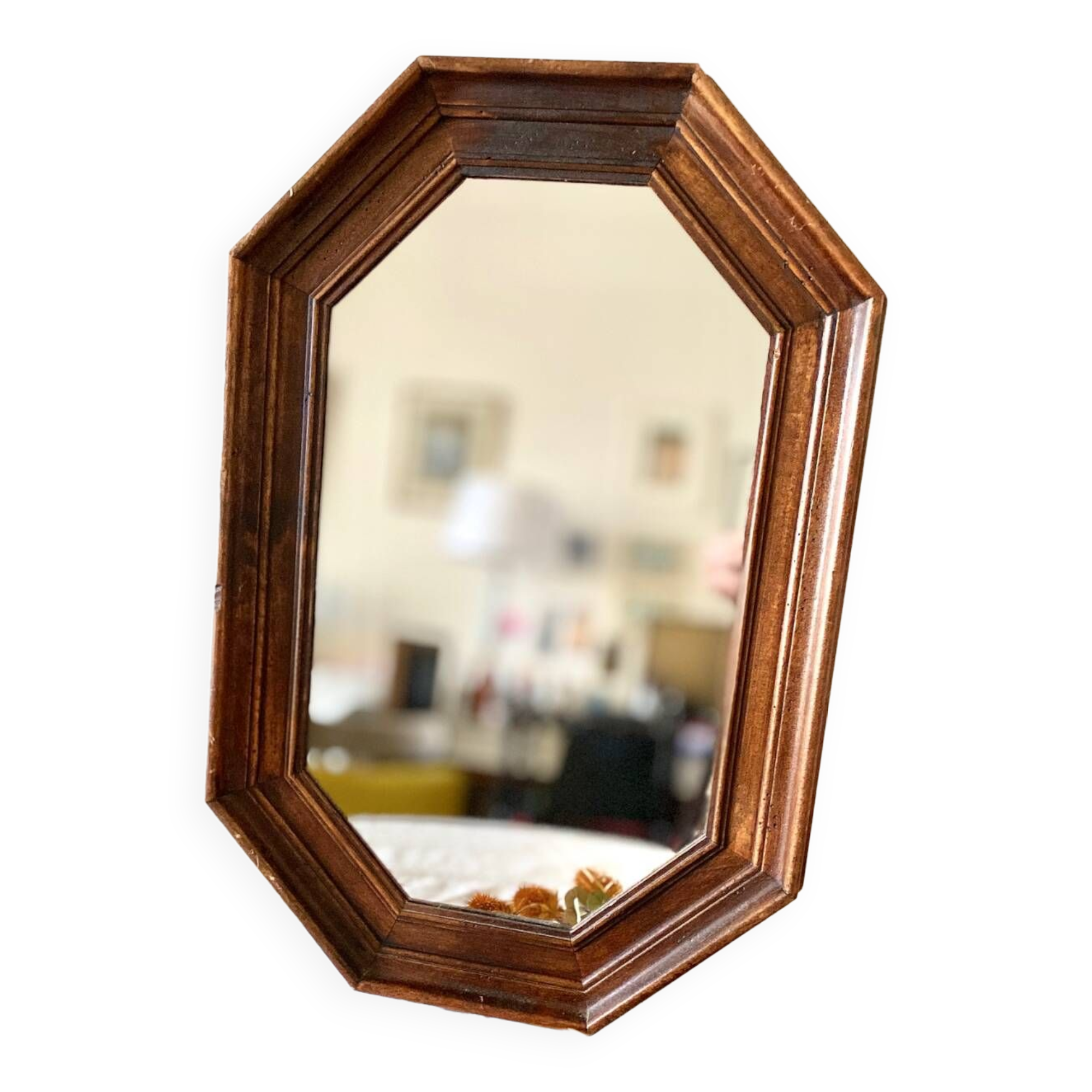 Vintage dark wood octagonal mirror