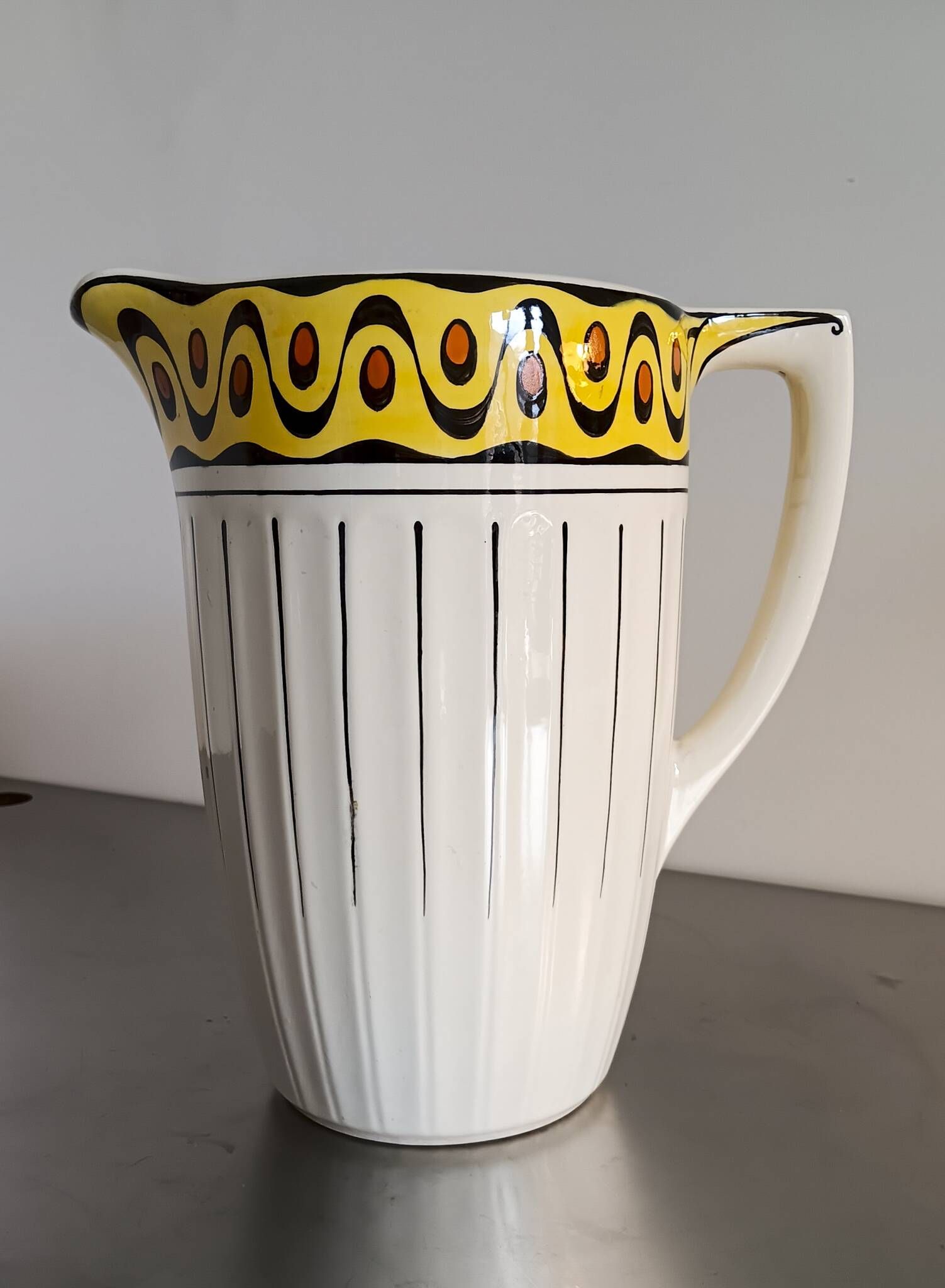 1 very large BFK (Boch Frères Keramis) Ambra 801 L jug. White, black lines and decorated band