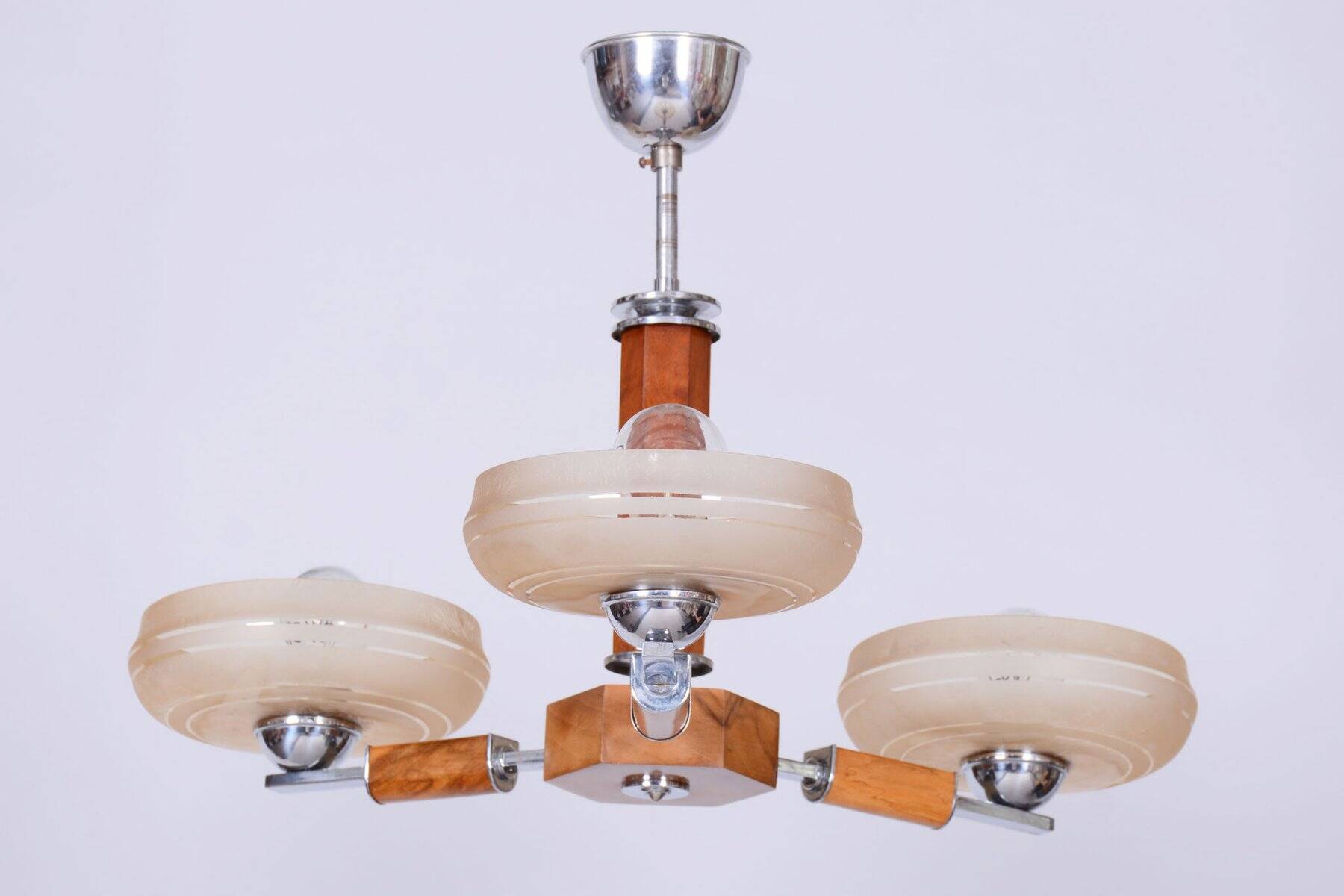 Art Deco Chandelier in Chromed Steel, Walnut and Glass, Czech, 1920s