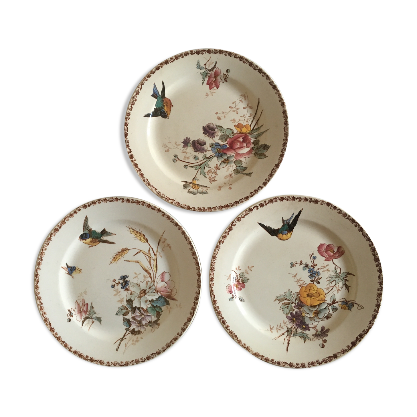 Set of plates made of iron earth 19th flowers and birds