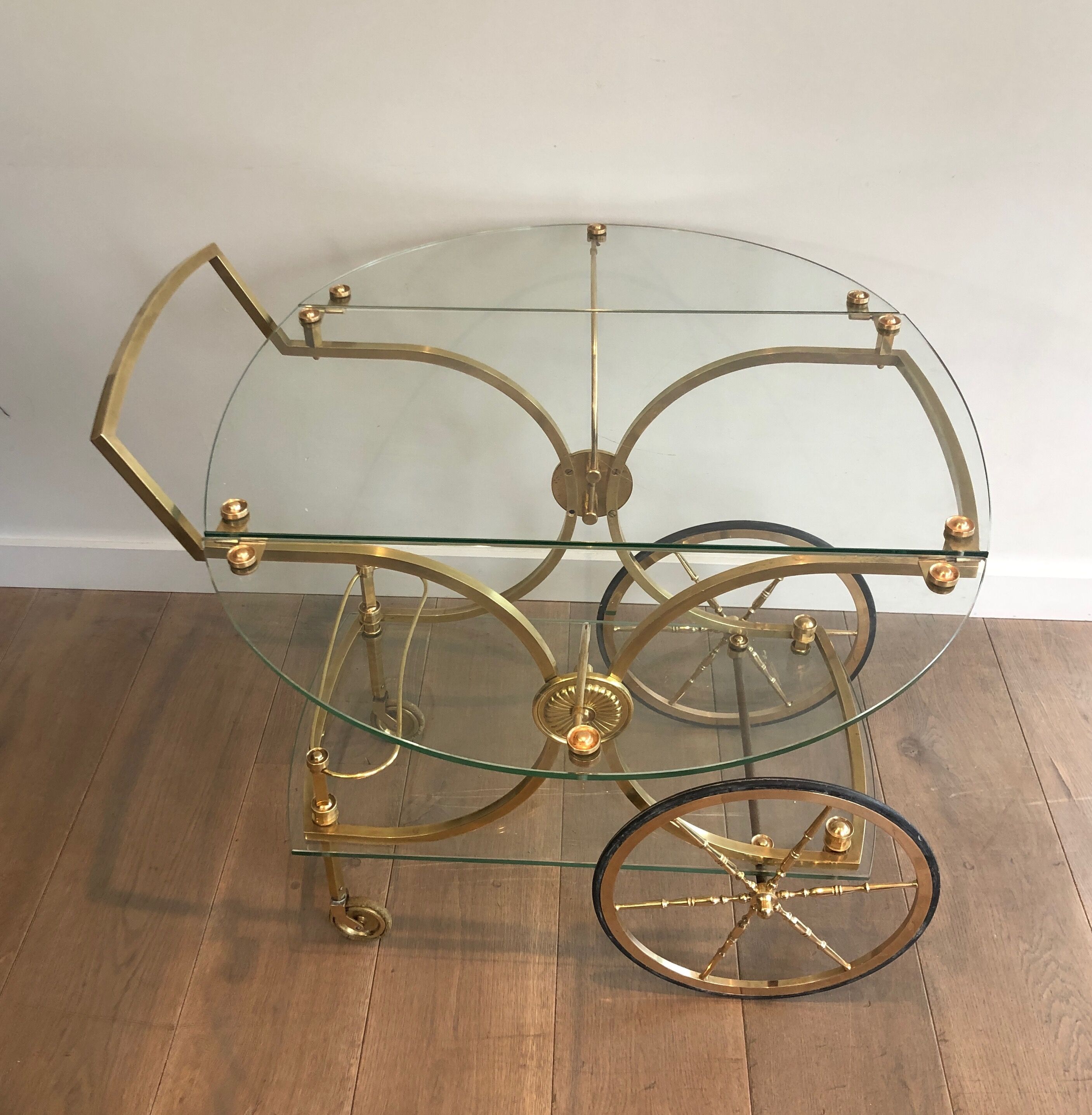 Neo classical style table in silver and gold metal and glass