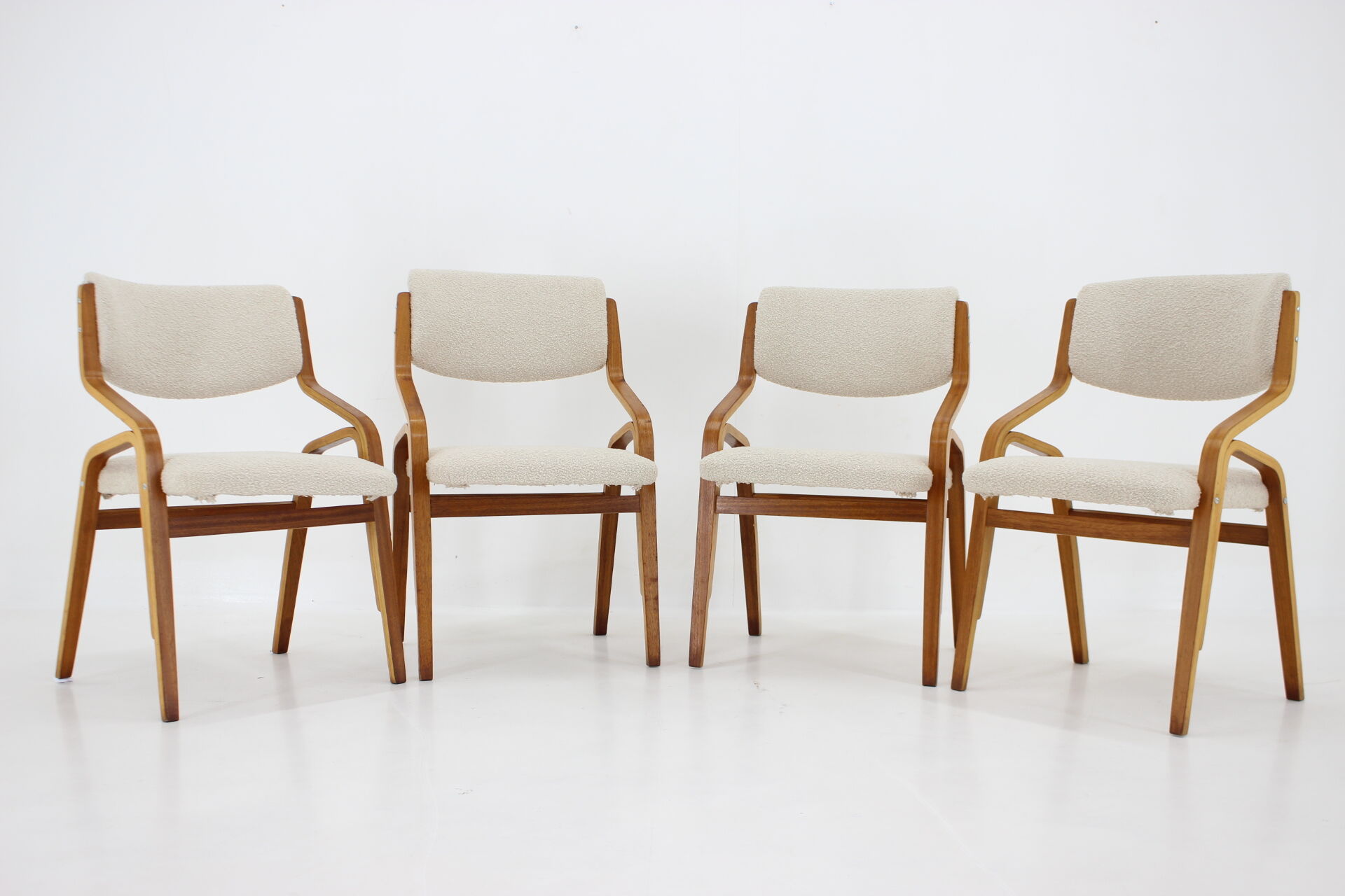 1970s ludvík volák four bentwood dining chairs in boucle fabric, czechoslovakia