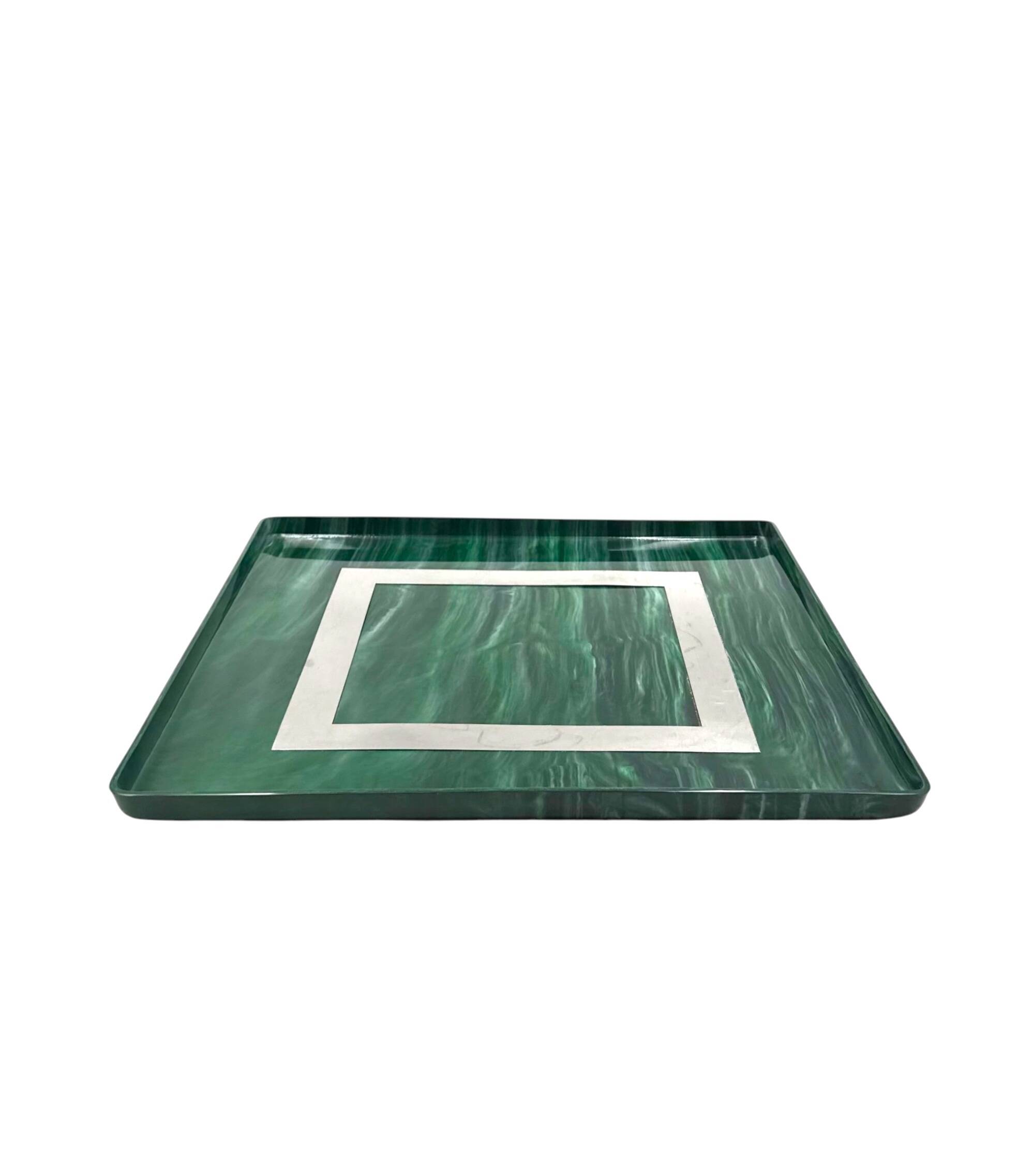 Hollywood regency malachite effect resin & brass tray, Italy 1970s