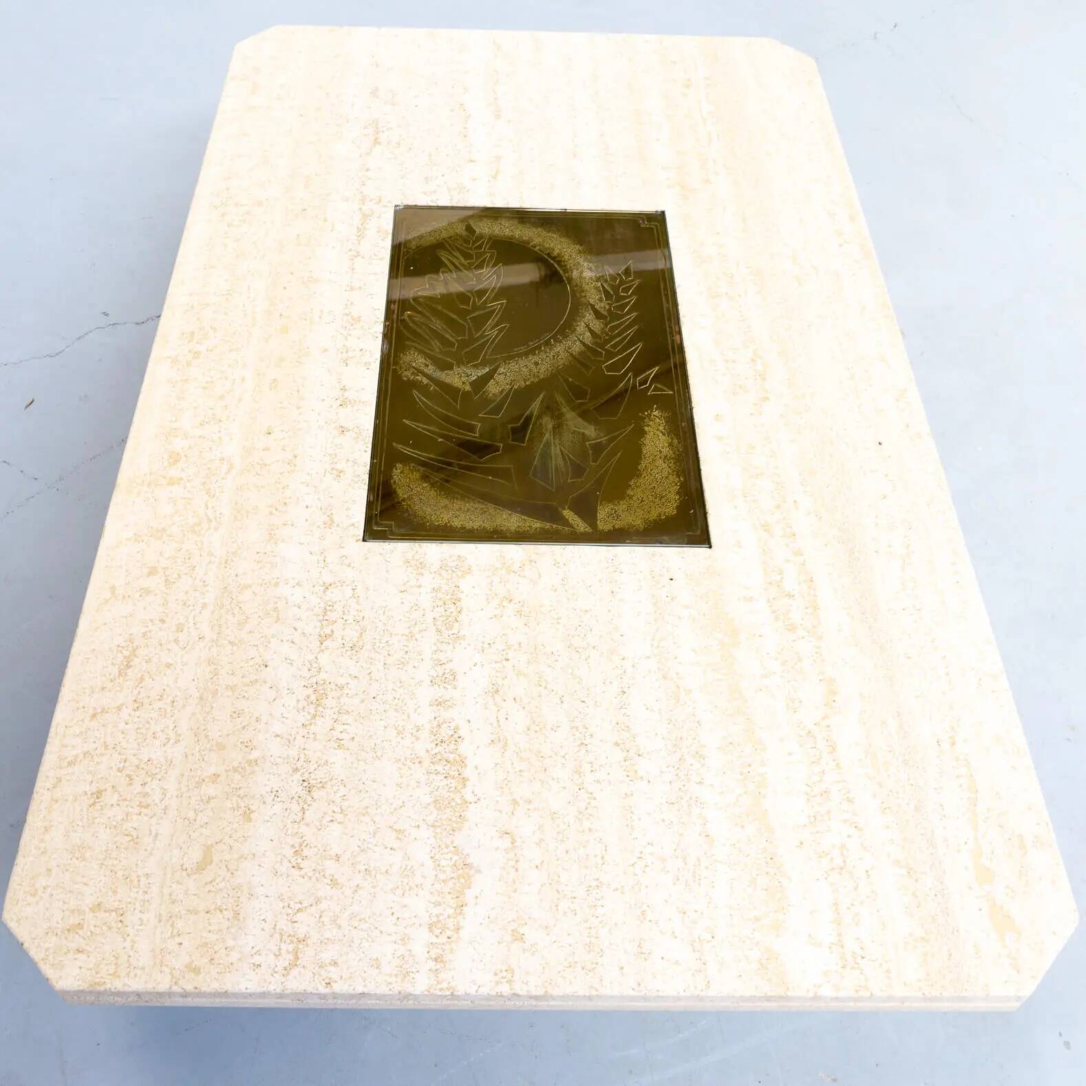 George Mathias Travertine Coffee Table for Maho with Artwork nr 12/50, 1970's