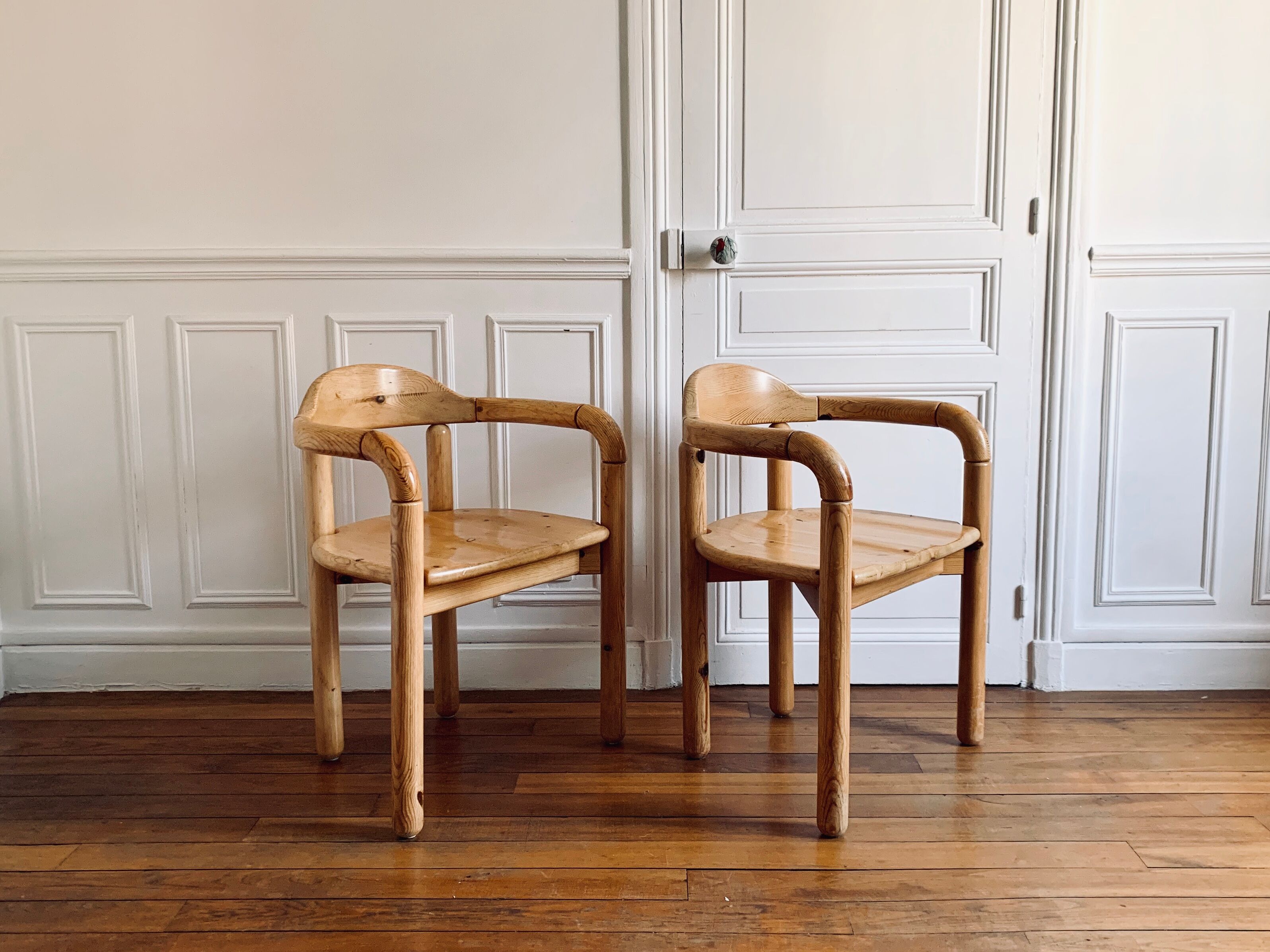 Pair vintage armchairs in solid pine