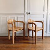 Pair vintage armchairs in solid pine