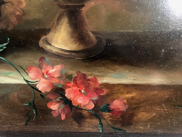 Tom Crowell, United Kingdom XXth, oil on panel "bouquet of flowers on entablature"