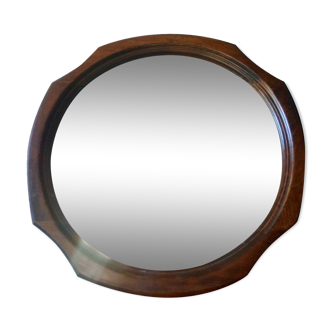 Original round mirror with octagonal solid wood frame - 60s