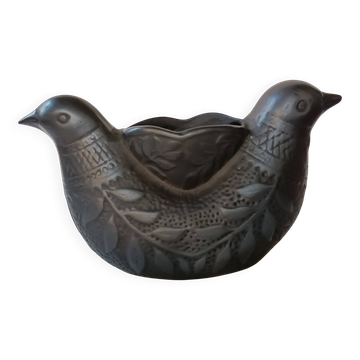 Zoomorphic vase with double birds in black clay from Marginea, Romania.
