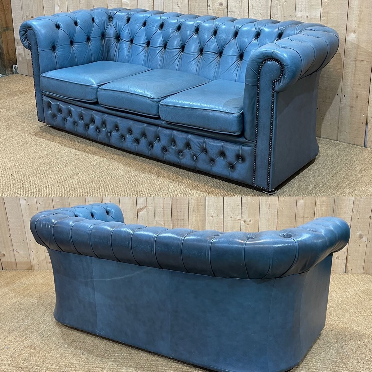 English Chesterfield 3-seater sofa in blue leather from the 1980s
