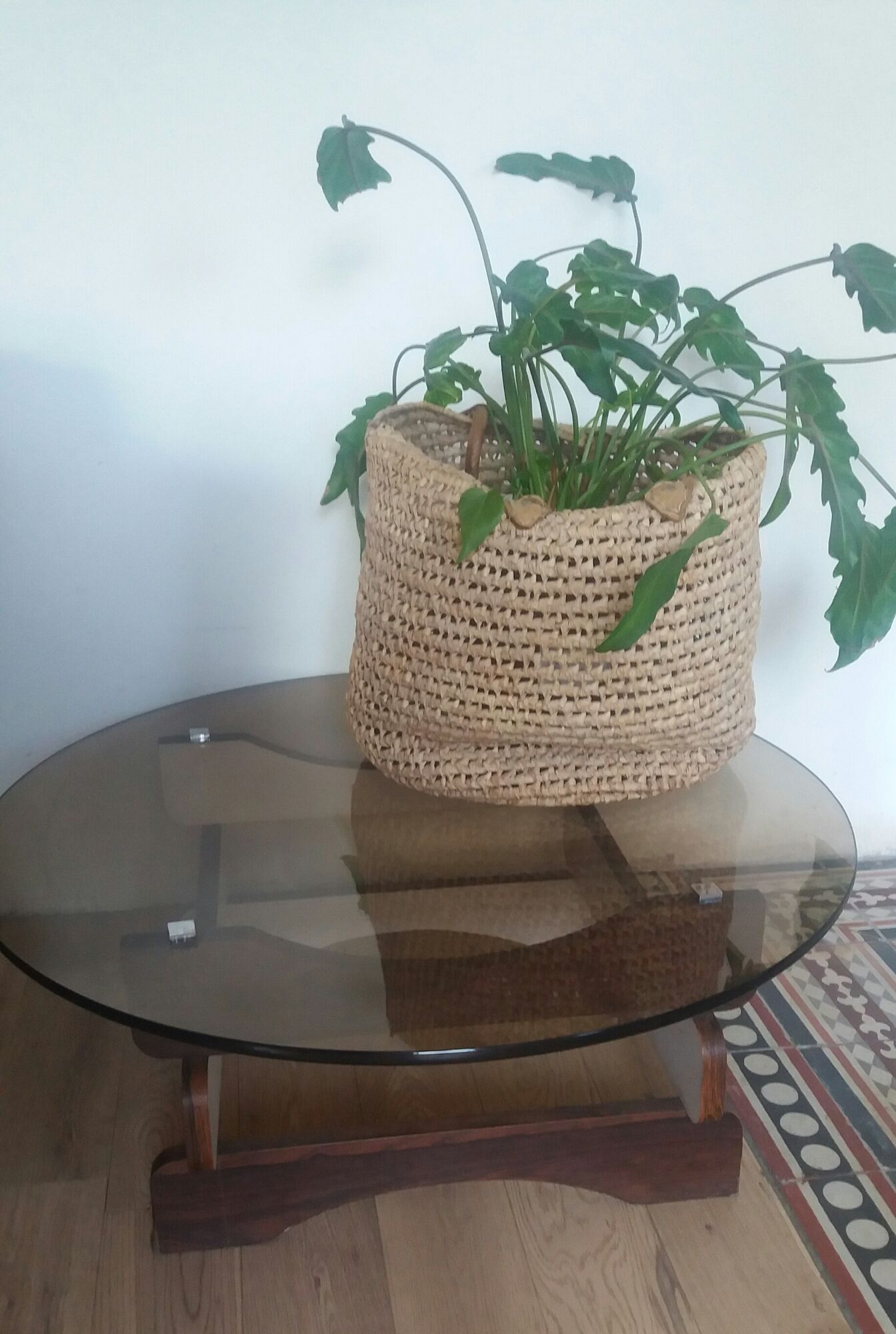 Coffee table of smoked glass and wood of the 1970s